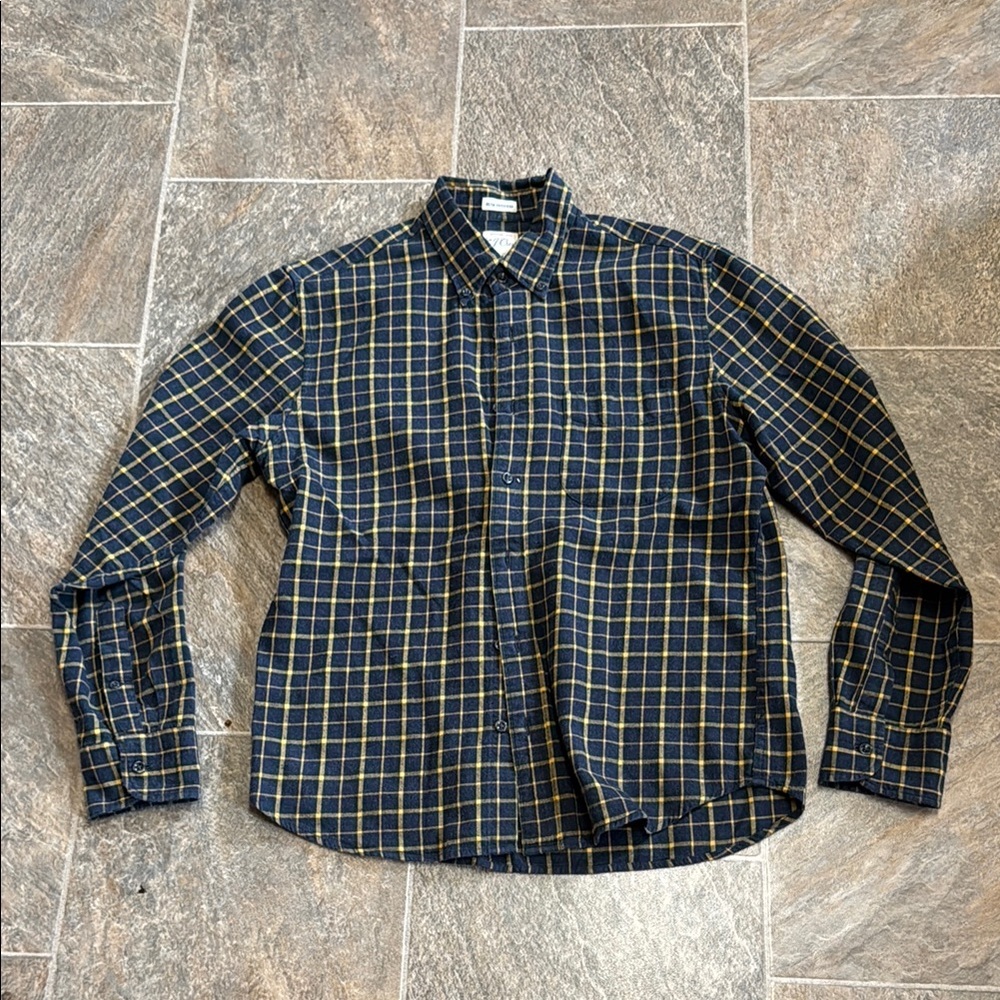 J. Crew Men's Navy and Yellow Plaid Shirt